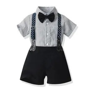 Ensembles de vêtements personnalisés costumes garçons européens pour mariage chemise à rayures et ensemble de shorts enfants en coton bébé enfant Costume formel