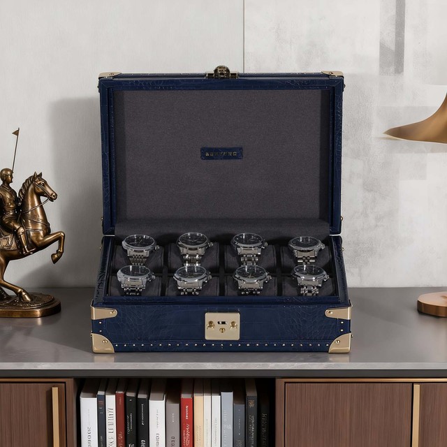 Manufacturer's 3/6/8-Slot Blue PU Leather Watch Jewelry Case for Women and Men Watch Box with Velvet Pillow