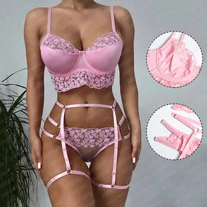 Hot 4 Piece Japanese Girl Sexy Honeymoon Pink Heart Embroidery Underwire Lingerie-Sexy Transparent Suspender Belt Lingerie Set