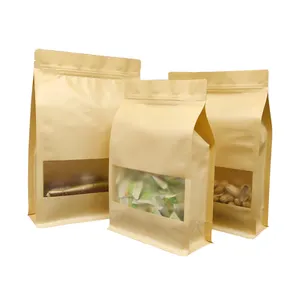 Großhandel fett dichtes Kraft papier Beutel mit flachem Boden Reiß verschluss tasche mit Fenster papier Verpackungs tasche für Lebensmittel Snack Candy Tea Spice