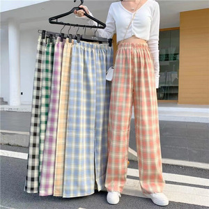 Pantalon droit d'été à carreaux minces pour femmes rose petit pantalon de pyjama ample <span class=keywords><strong>taille</strong></span> haute pantalon ample en treillis - Product Image 1