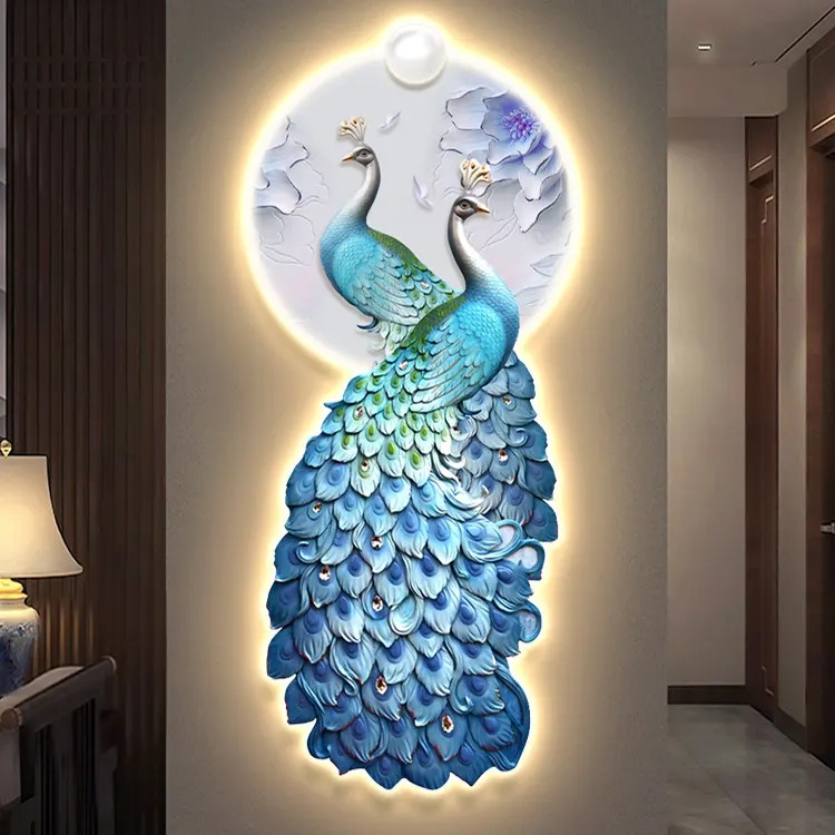 Arte de pared de pavo real luminoso de lujo de alta calidad con luces LED decoración del hogar flores y pájaros pintura de luz LED