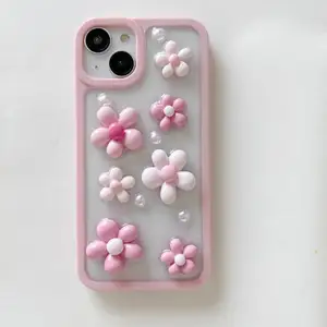 충격 방지 핑크 꽃 에폭시 전화 케이스 커버 아이폰 15 프로 맥스