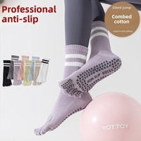 Chaussettes de yoga rayées sans couture en coton peigné à une aiguille pour femme, antidérapantes, mi-mollet, pour Pilates professionnel, sport et fitness, à cinq orteils
