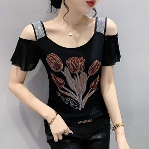 Nueva Blusa de Verano Exquisita <span class=keywords><strong>con</strong></span> Pedrería, de Doble Capa, de Hilo de Seda Fría, Manga Corta, <span class=keywords><strong>con</strong></span> Hombros Descubiertos y <span class=keywords><strong>Espalda</strong></span> Estilizada - Product Image 2