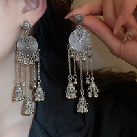 Boucles d'oreilles personnalisées en alliage, style ethnique rétro vieilli, en forme de cloche, avec pampilles, motif carillon, aiguille en argent, type ear climber