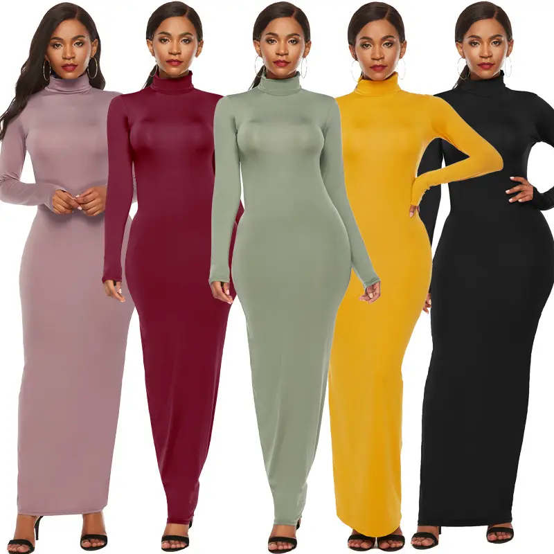 DY03 Autumn New Style Long Skirt High Collar Pure Color Dress With Long Sleeve Fashion Tight Dress Women