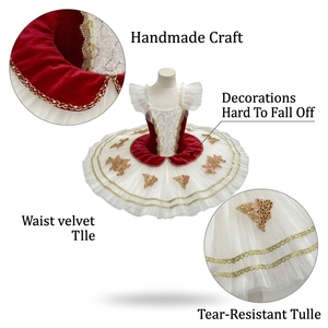 Robe de ballet classique rouge, blanche et or avec appliques, tutu basique style pancake, manches épaules dénudées, pour spectacle de ballet Paquita Raymonda - Product Image 3