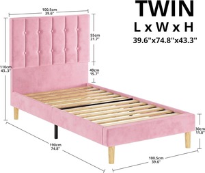 <span class=keywords><strong>Lit</strong></span> double en velours rose Plate-forme rembourrée Bandes <span class=keywords><strong>de</strong></span> bois robustes Tête <span class=keywords><strong>de</strong></span> <span class=keywords><strong>lit</strong></span> en métal silencieuse Assemblage facile pour rangement dans la chambre à coucher - Product Image 5