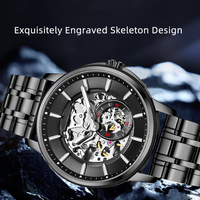 Montre de luxe pour homme, étanche 20m, mécanique à remontage automatique, avec verre squelette, luminescence nocturne, entièrement noire, bracelet en acier inoxydable