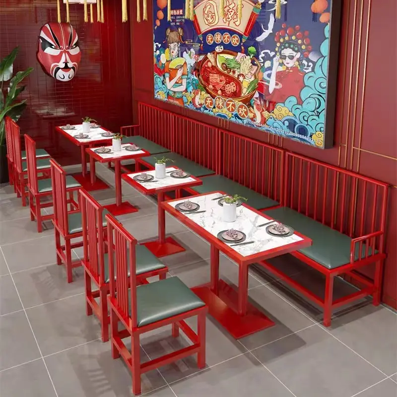 National tide style Chinese restaurant furniture Hotel hot pot restaurant red booth sofa dining solid wood table and chair set