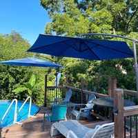 Grand parasol de patio bleu de 10 pieds, à suspension latérale, avec base croisée, pour jardin, piscine et terrasse