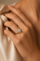 Bague halo de luxe en or 18 carats avec diamant de laboratoire rond motif flocon de neige, design floral soleil éclatant, élégante, bijou de mariage pour elle