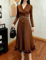 Robe Vintage Élégante à Col en V, Ornée de Perles Tissées, Plissée, à Manches Longues et Volants, Écologique, Lavable, Respirante et Infroissable