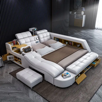 Hotte Vente Lit Intelligent de Luxe en Cuir, Lit Multifonctionnel Tatami King Size, Lit Capitonnée en Tissu Doux avec Rangement et Haut-Parleur Musical