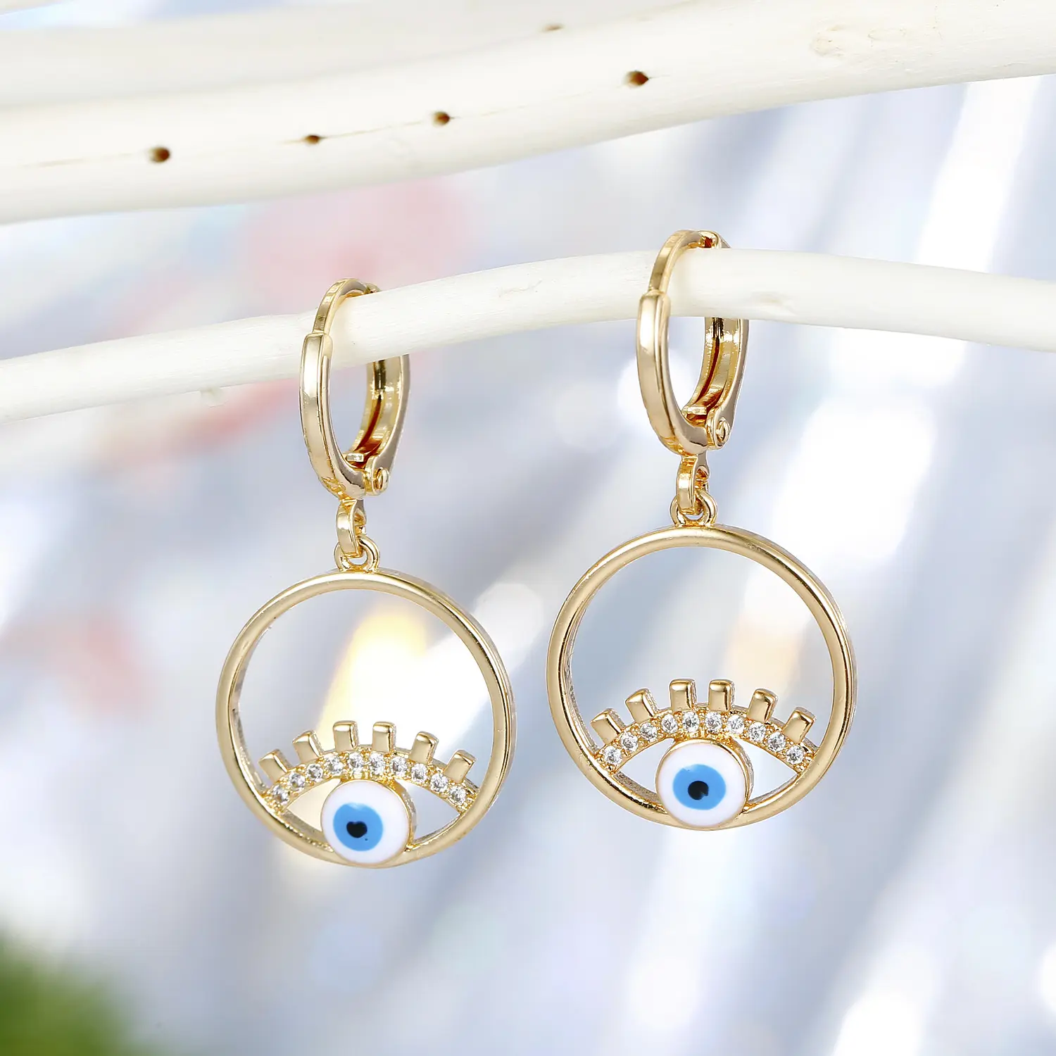 2022 Latest Design Clear Round Coin Evil Eyes Drop Earrings 18k Gold Plated CZ Eye Earrings For Party