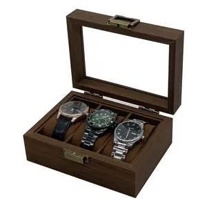 עיצוב חדש 3 חריץ רטרו אגוז דגן שחור תיבת שעון עץ עם פנים קטיפה חומה