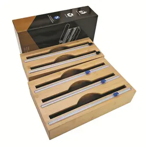 hot sell Multifunctional Wooden kitchen drawer knife Bamboo plastic film aluminum foil roll dispenser bamboo wood