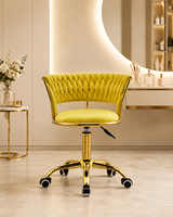 Chaise de salon de beauté en cuir PU de luxe avec dossier tressé, base dorée, hauteur réglable, pivotante et roulante, pour technicien de maquillage