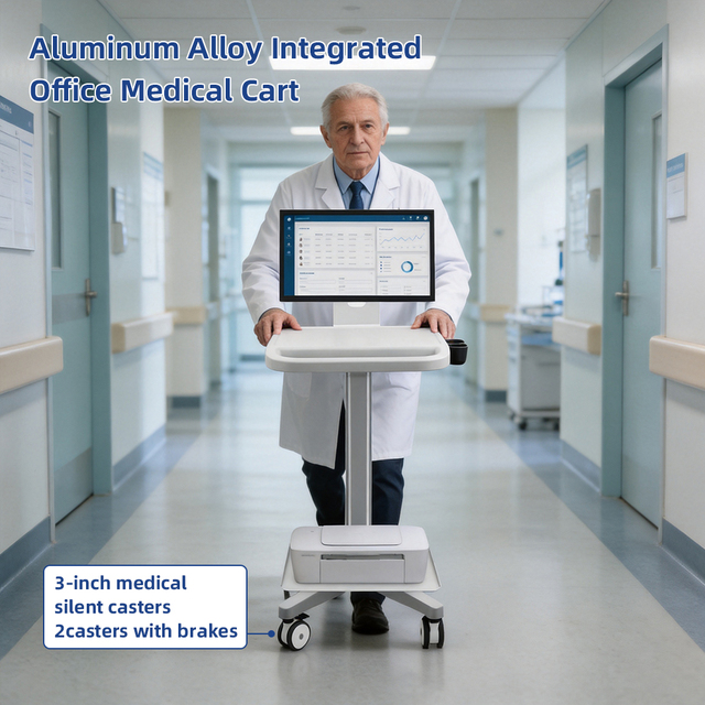Fast Delivery Aluminum Medical Workstation Cart with Monitor Bracket and Printer Tray