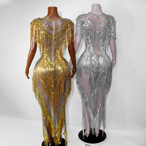 <span class=keywords><strong>Vestido</strong></span> Maxi de Lujo con Flecos de Pedrería Plateada y Malla Transparente, Sin Espalda, para Baile, Disfraces Sexys, Ropa de Baile Escénico, <span class=keywords><strong>Drag</strong></span> <span class=keywords><strong>Queen</strong></span>, para Mujer, En Stock - Product Image 6