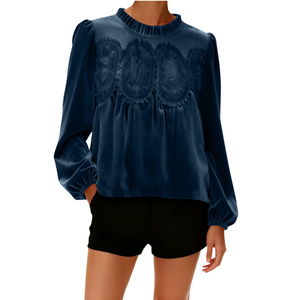 Blusa de Mujer con Mangas Abullonadas y Ribete de Terciopelo, Cuello Redondo, Estilo Elegante y Casual para Otoño 2025, Envío Rápido - Product Image 3