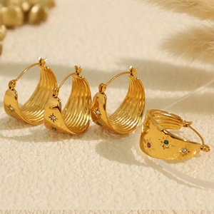 Hoop Earrings 18K Gold Plated <b>Titanium</b> Steel Inlaid Zircon Eight Pointed Star Women's Wide Hoop Everyday Wear - Product Image 2