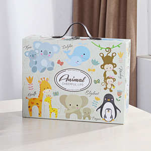 custom clamshell baby clothes packaging gift box OEM Buckle design wholesale animal alliance box with leather handle