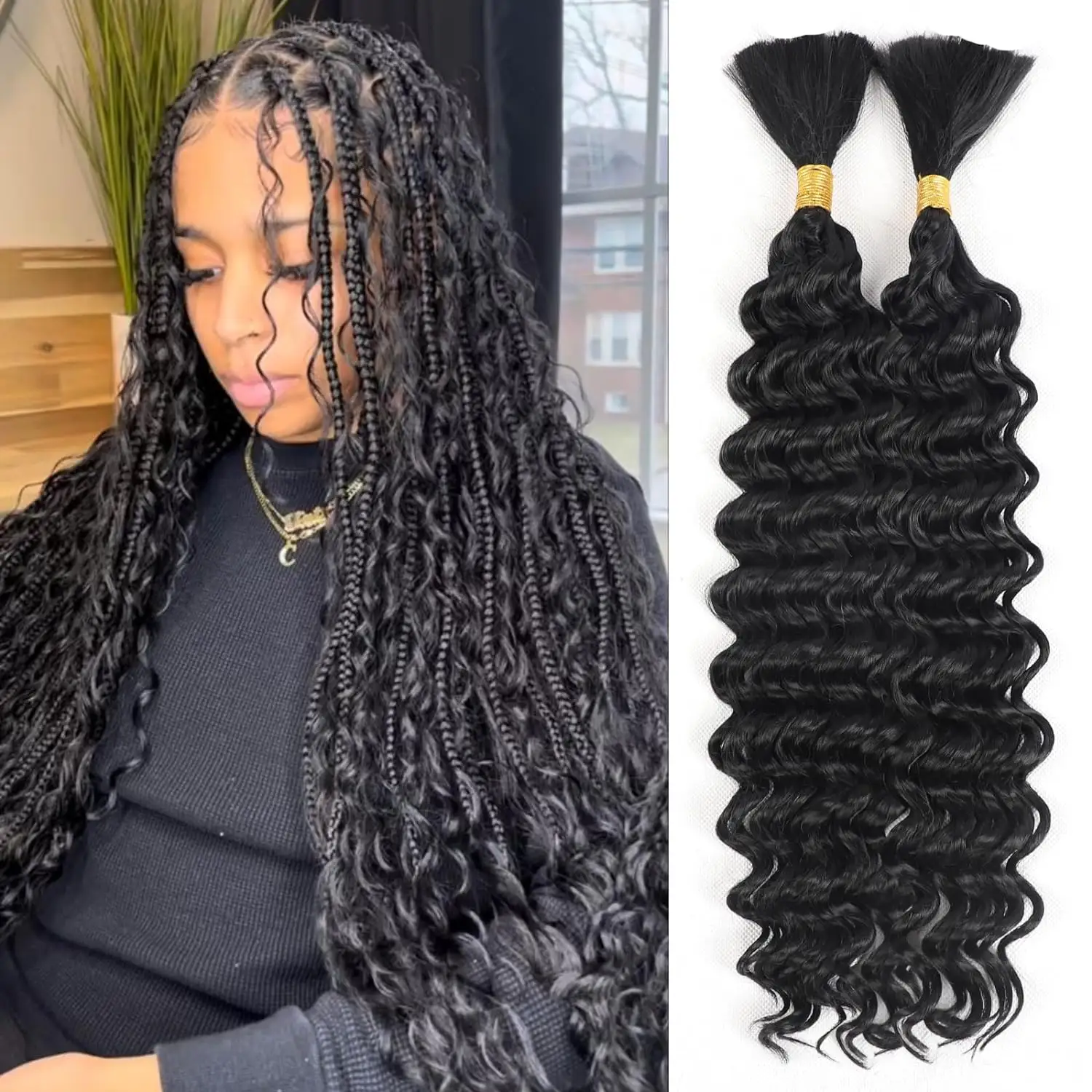 100% Human Hair No Tangle For Braiding Deep Wave Natural Black Hair Extensions No Weft Cuticle Aligned End