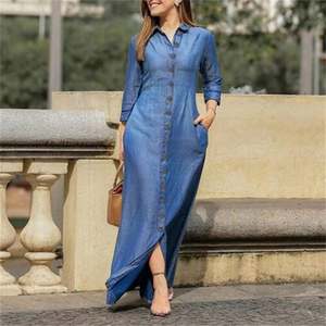 I-0231 <b>Summer</b> Spring Women's Modest Plaid Eco-Friendly Vintage Wash Full Sleeve Denim Floor-Length <b>Casual</b> <b>Dress</b> - Product Image 1