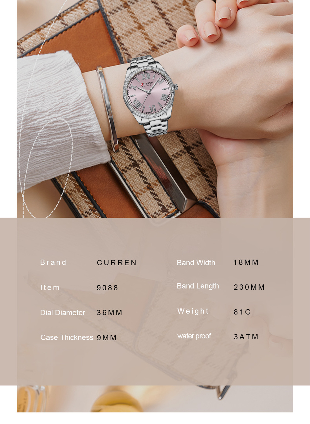 Часы CURREN 9088, женские наручные часы jam tangan из нержавеющей стали, роскошные Брендовые Часы с зелеными светящимися стрелками