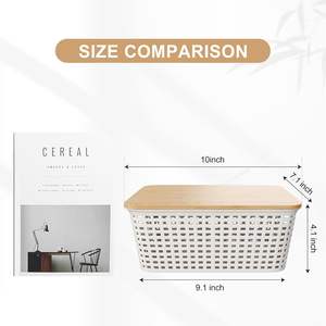 Contenedor de Almacenamiento de Plástico con Tapa de Bambú, Cestas de Almacenamiento Decorativas Apilables con Etiqueta para Organizar Estantes y Armarios - Product Image 3