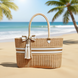 Bolso de mano de ratán para mujer Fana Kara, con borlas y lazo de rayas blancas, estilo clásico, doble asa, parte superior abierta - Product Image 2