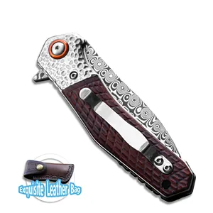 Yellow Sandalwood Handle Collectible Folding Knife Pocket Knife Camping Knife Damascus Steel Industrial OEM Outdoor Tools 100mm