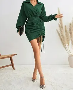 ファッション女性レディースエレガンスフラウンススリーブプリーツスモック巾着フロントシャーリングドレス