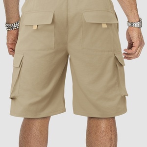 Men's Khaki Cargo Shorts Mid Waist Drawstring Closure Casual Bermuda Length With Side Pockets Breathable Cotton Fabric - Product Image 2
