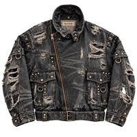 Veste en jean personnalisée DiZNEW, coupe asymétrique, effet effiloché, cloutée, style moto, pour les marques de créateurs, les boutiques, personnalisation OEM