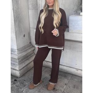 FOXA Women 2 Piece <b>Sweater</b> <b>Set</b> Long Sleeve Pullover Wide Leg Pants Knitted Casual Autumn Lounge Outfit Crew Neck Anti Pilling - Product Image 3