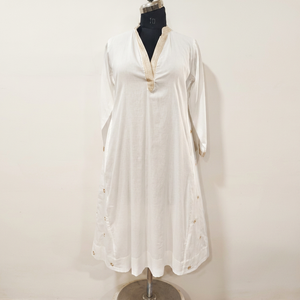 Robe Formelle Blanche en Lin à Col en V, Coupe Trapèze, Manches Trois-Quarts, Longueur Cheville, Unie et Respirante pour Femme - Product Image 1