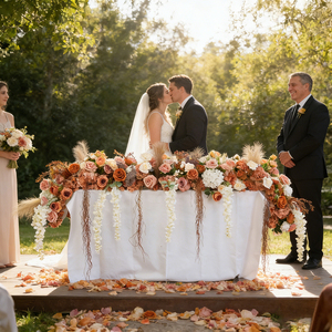 การจัดดอกไม้ประดิษฐ์สไตล์โบฮีเมียนสำหรับงานแต่งงาน สีเทอร์ราคอตต้า พร้อมดอกวิสทีเรียสีขาวห้อยประดับ - Product Image 1