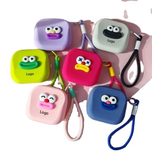 Funny Face Square Silicone Mini Storage Bag, Portable Zipper Earphone Coin PurseWith <b>Braided</b> Rope - Product Image 1