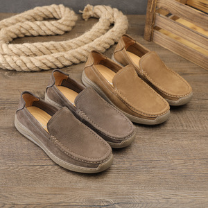 Mocassins en cuir véritable pour hommes, bout rond, à enfiler, semelle extérieure en caoutchouc respirante, chaussures de marche - Product Image 1