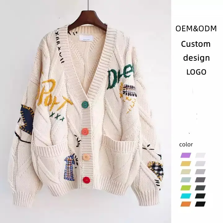 D&M Autumn Winter Women Cardigan Warm Knitted Sweater Jacket Pocket Embroidery Fashion Knit Cardigans Coat Loose Sweaters