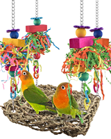 GSF Jouet pour oiseaux en filet tressé à la main en herbe, filet à gratter pour perroquet avec 3 cordes à mâcher en bois