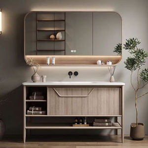 Villa Modern Lacquer MDF Smart <b>Mirror</b> Bathroom Cabinet with Integrated Basin Curved Design <b>for</b> Hospital Use - Product Image 1