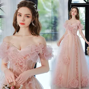 Robe de soirée longue en dentelle perlée de couleur rose, encolure reine Anne, manches courtes, ligne A, glands en cristal, 2022