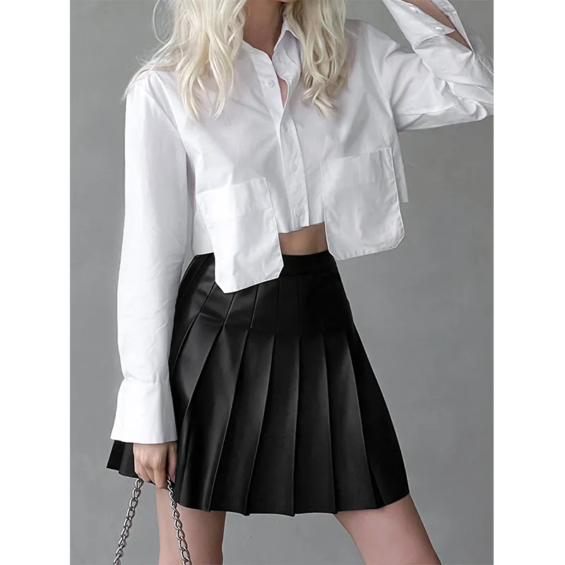 2023 Spring Ladies Blouse White Crop Top Turn Down Collar Blouse Shirts For Women
