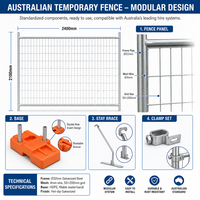 Barrière de clôture temporaire en maille conforme aux normes australiennes 2100x2400mm, cadre HDG, pieds à remplir d'eau, qualité professionnelle pour la location