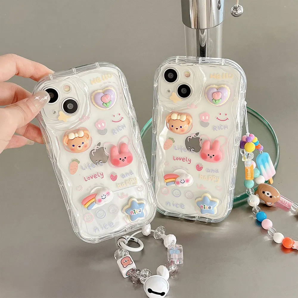 Mignon Girly Téléphone Cas Couverture + chaîne-clair Joli Cristal 3D Dessin Animé Motif Conception Filles Meilleure Vente Chaude pour Iphone Cas Opp Sac