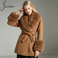 Manteau en laine véritable avec col en fourrure de renard, ceinture, double boutonnage, automne-printemps, double face, vente en gros, sur mesure, manteau en cachemire coréen pour femmes